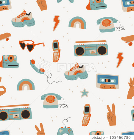 Cool retro pattern with various elements from the 80s and 90s. Vector trendy seamless pattern for design and print. 105466780