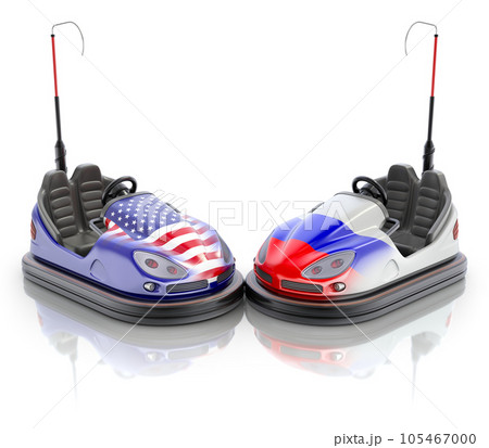 USA versus Russia business concept with bumper cars and flags - 3D illustration 105467000