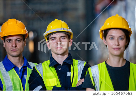 Team engineering worker technician, workshop manufacturing, Teamwork in industry factory. 105467062