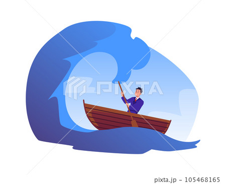 Business man sailing forward on huge wave, risk management, strategy in financial crisis storm vector flat illustration Business man sailing forward on huge wave, risk management, strategy in financial crisis storm vector flat illustration 105468165