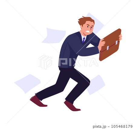 Business man resists strong wind with briefcase, scattered documents, confident leader manager vector flat illustration Business man resists strong wind with briefcase, scattered documents, confident leader manager vector flat illustration 105468179