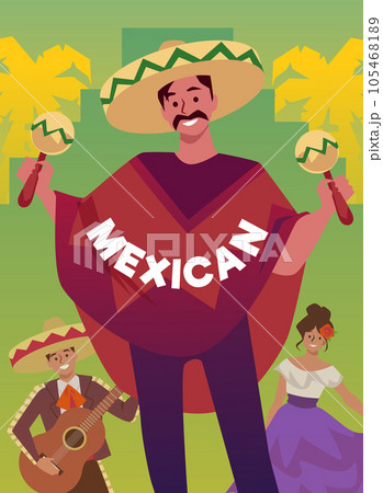 Poster or vertical banner with smiling Mexican man in poncho and sombrero playing maracas 105468189