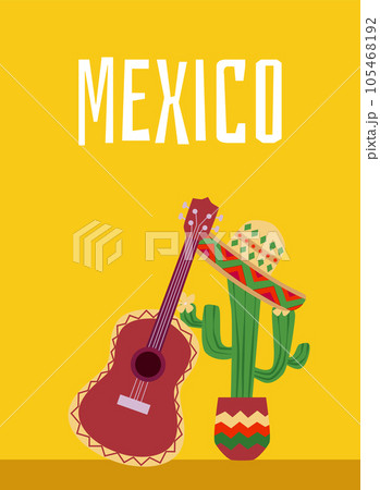 Green cactus in pot decorated sombrero hat and guitar. National Mexican, Latin traditional symbols and culture vector Mexico poster on yellow background 105468192