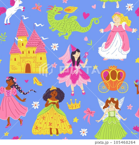 Seamless vector pattern with fairy tale characters and symbols, multi ethnic beautiful princesses, castle, brougham Seamless vector pattern with fairy tale characters and symbols, multi ethnic beautiful princesses, castle, brougham 105468264
