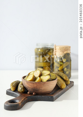 Tasty canned food concept, canned cucumbers, food for winter Tasty canned food concept, canned cucumbers, food for winter 105468336