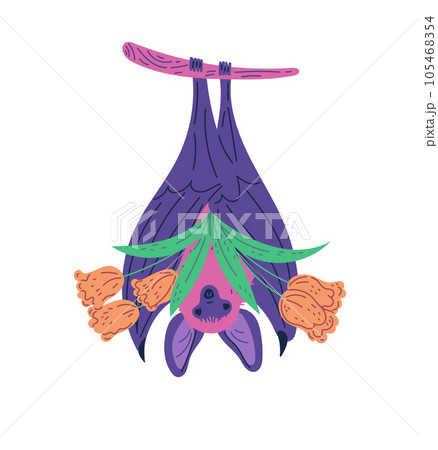 Funny bat hanging upside down on a branch with a bouquet of flowers, cute wild bird with present vector illustration 105468354