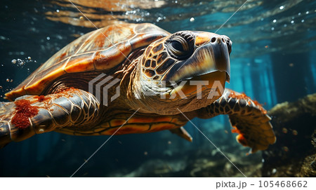 Sea turtle close up over coral reef in Sabah Malaysia. Conservation and marine life concept. Sea turtle close up over coral reef in Sabah Malaysia. Conservation and marine life concept. 105468662