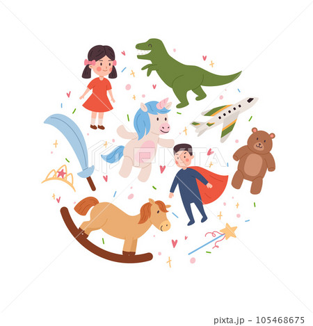 Kids favorite collection toys, childish best friends, childhood entertainment cartoon vector illustrations set on white Kids favorite collection toys, childish best friends, childhood entertainment cartoon vector illustrations set on white 105468675
