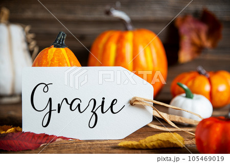 Orange Pumpkin Decoration With Label With Text Grazie 105469019