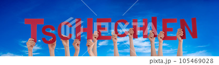 People Hands Building Word Tschechien Means Czech Republic, Blue Sky 105469028