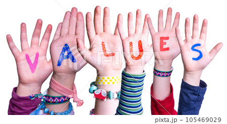 Children Hands Building Word Values. White Background 105469029
