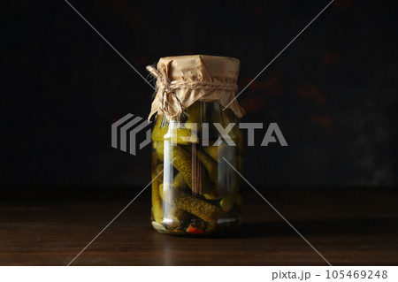 Tasty canned food concept, canned cucumbers, food for winter 105469248