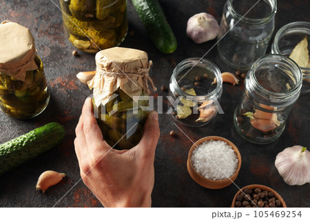 Tasty canned food concept, canned cucumbers, food for winter 105469254