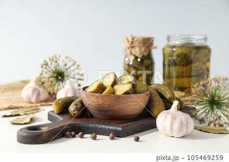 Tasty canned food concept, canned cucumbers, food for winter 105469259