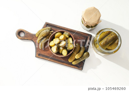 Tasty canned food concept, canned cucumbers, food for winter 105469260