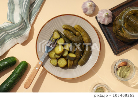 Tasty canned food concept, canned cucumbers, food for winter 105469265