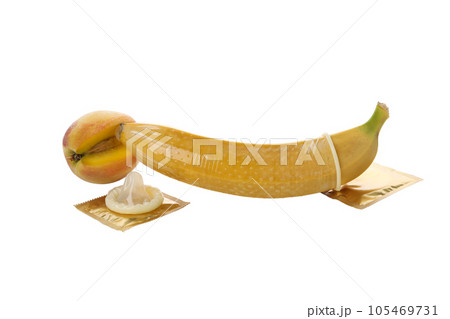 PNG, a peach near a condom with a banana, isolated on white background 105469731