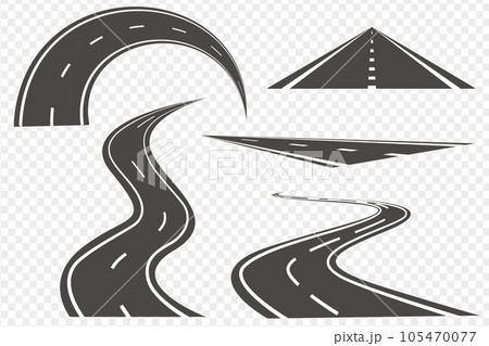 Set of Bending roads and highways vector illustrations. Road, winding highway isolated. Road with white lines 105470077