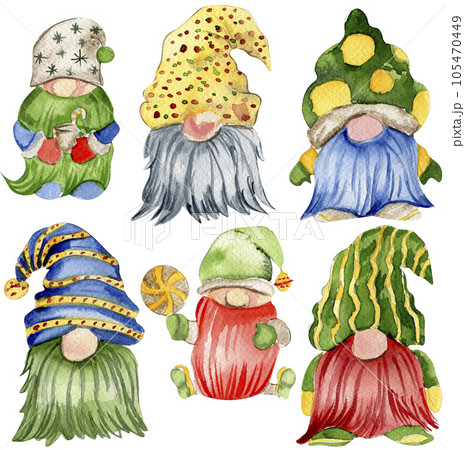 Watercolor scandinavian Christmas gnomes. Christmas decoration and characters. Watercolor elements.Design for baby shower party, birthday, cake, holiday celebration design, greetings card, invitation. Watercolor scandinavian Christmas gnomes. Christmas decoration and characters. Watercolor elements.Design for baby shower party, birthday, cake, holiday celebration design, greetings card, invitation. 105470449