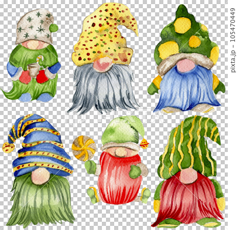 Watercolor scandinavian Christmas gnomes. Christmas decoration and characters. Watercolor elements.Design for baby shower party, birthday, cake, holiday celebration design, greetings card, invitation. Watercolor scandinavian Christmas gnomes. Christmas decoration and characters. Watercolor elements.Design for baby shower party, birthday, cake, holiday celebration design, greetings card, invitation. 105470449