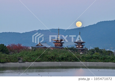 夕暮れの勝間田池の風景と月の出 105471072