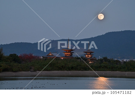 夕暮れの勝間田池、薬師寺と満月の風景 105471182