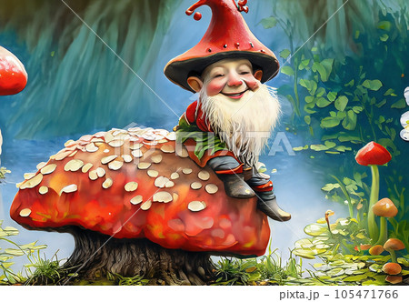 Happy Gnome with a mushroom hat, sitting on top of a red mushroom, Happy Gnome with a mushroom hat, sitting on top of a red mushroom, 105471766