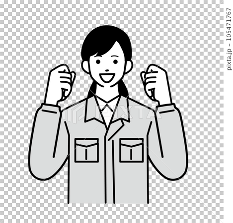 ガッツポーズをする作業服を着た女性作業員のシンプルなイラスト 105471767