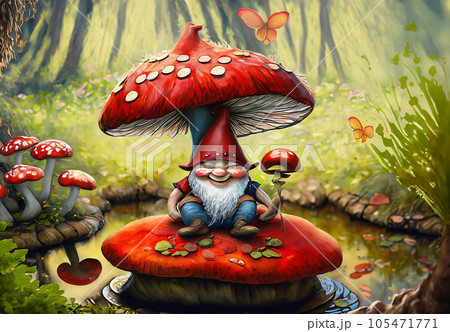 Happy Gnome with a mushroom hat, sitting on top of a red mushroom, 105471771