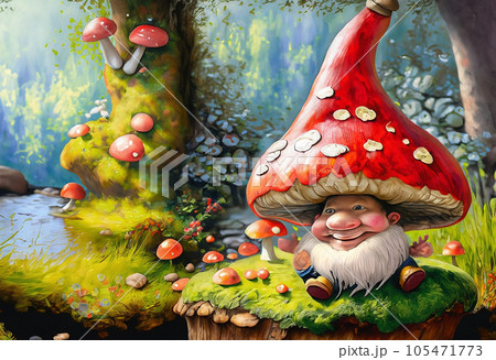 Happy Gnome with a mushroom hat, sitting on top of a red mushroom, 105471773