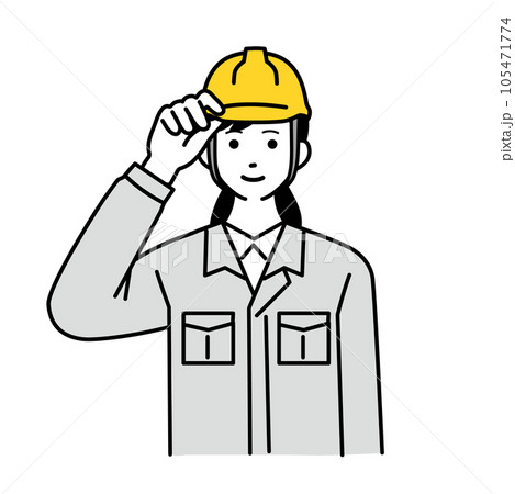 ヘルメットをかぶる作業服を着た女性作業員のシンプルなイラスト 105471774