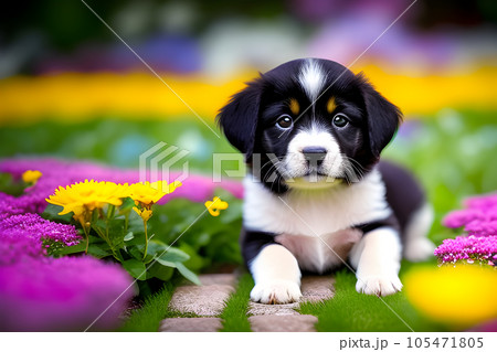 a cute puppy dog with flowerbed 105471805