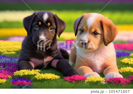 a cute puppy dog with flowerbed a cute puppy dog with flowerbed 105471807