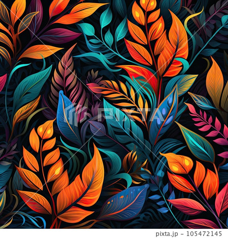 Foliage pattern of colorful orange and dark blue leaves.Generative AI. 105472145