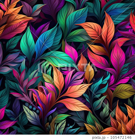 Foliage pattern of colorful orange, blue and green leaves.Generative AI. 105472146