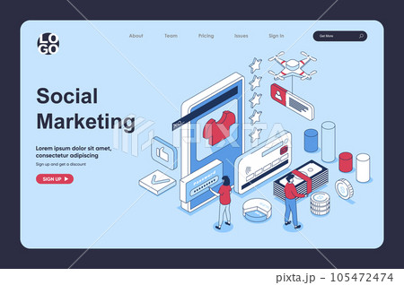 Social media marketing concept in 3d isometric design for landing page template. People following online shop blog, watching advertising and making purchases in mobile app. Vector illustration for web Social media marketing concept in 3d isometric design for landing page template. People following online shop blog, watching advertising and making purchases in mobile app. Vector illustration for web 105472474