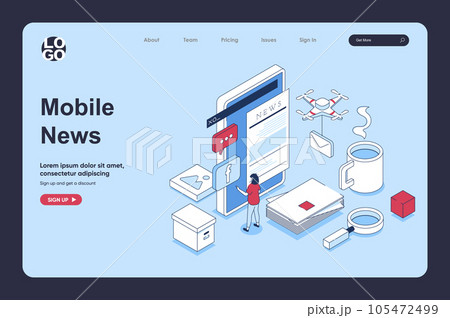 Mobile news concept in 3d isometric design for landing page template. People receiving new correspondence notifications, reading breaking news or articles at online press. Vector illustration for web 105472499