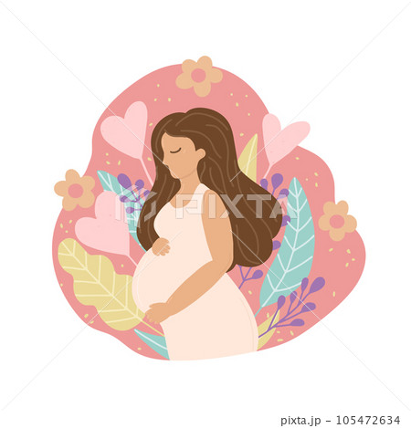 Happy pregnancy banner. Beautiful pregnant woman holds her big belly. Motherhood banner with organic leaves and flowers. Hand drawn design for card, poster, print, social media. Vector illustration 105472634