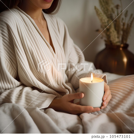 Beautiful young woman with long hair dressed in white relaxing in her home bedroom with burning candles, flowers and books, cozy home decor in natural colors. Candle jar mockup Beautiful young woman with long hair dressed in white relaxing in her home bedroom with burning candles, flowers and books, cozy home decor in natural colors. Candle jar mockup 105473101