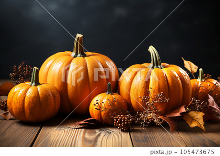 Autumn composition of pumpkins on wooden background. Generative AI 105473675