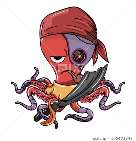 Cartoon character impatient pirate captain cyborg octopus with his sword smoking a pipe. Illustration for fantasy, science fiction and adventure comics Cartoon character impatient pirate captain cyborg octopus with his sword smoking a pipe. Illustration for fantasy, science fiction and adventure comics 105473949