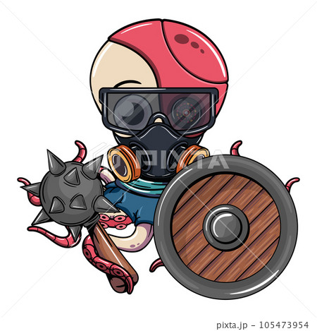 Cartoon industrial cyborg octopus character wearing safety glasses and gas protective mask. Illustration for fantasy, science fiction and adventure comics Cartoon industrial cyborg octopus character wearing safety glasses and gas protective mask. Illustration for fantasy, science fiction and adventure comics 105473954