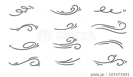 Doodle wind line sketch set. Hand drawn doodle wind motion, air blow, swirl elements. Sketch drawn air blow motion, smoke flow art, abstract line. Isolated vector Doodle wind line sketch set. Hand drawn doodle wind motion, air blow, swirl elements. Sketch drawn air blow motion, smoke flow art, abstract line. Isolated vector 105473991
