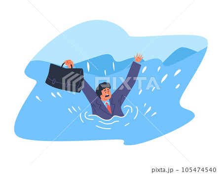 Business man sinking holding briefcase in hands asking for help, risk management in financial crisis storm flat vector 105474540