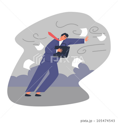 Business man resists strong wind, briefcase in hand, scattered documents, confident leader manager vector illustration 105474543