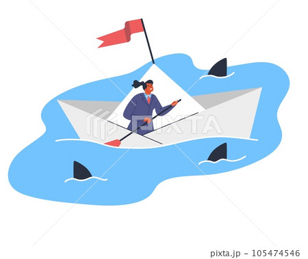 Businesswoman sailing on origame ship, dangerous sharks swimming around, success strategy, Vector flat illustration Businesswoman sailing on origame ship, dangerous sharks swimming around, success strategy, Vector flat illustration 105474546