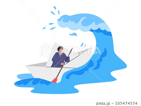 Business man sailing on paper origami boat forward on big wave, risk strategy in crisis storm vector flat illustration Business man sailing on paper origami boat forward on big wave, risk strategy in crisis storm vector flat illustration 105474554