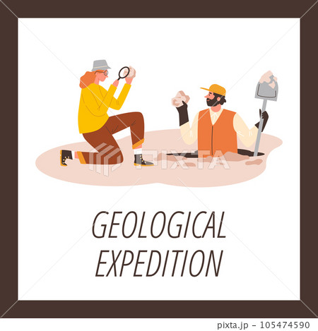 Geological expedition cartoon vector poster, man dug up and found an mineral, woman scientist with magnifying glass Geological expedition cartoon vector poster, man dug up and found an mineral, woman scientist with magnifying glass 105474590