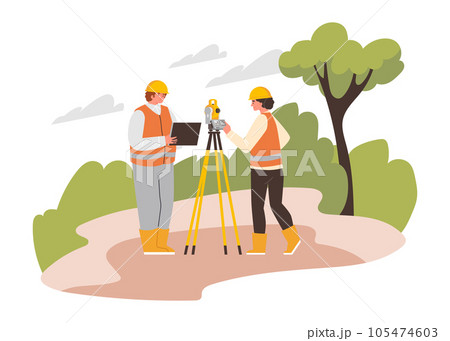 Geologist field work composition with man and woman taking geodetic measurements in nature landscape vector illustration Geologist field work composition with man and woman taking geodetic measurements in nature landscape vector illustration 105474603