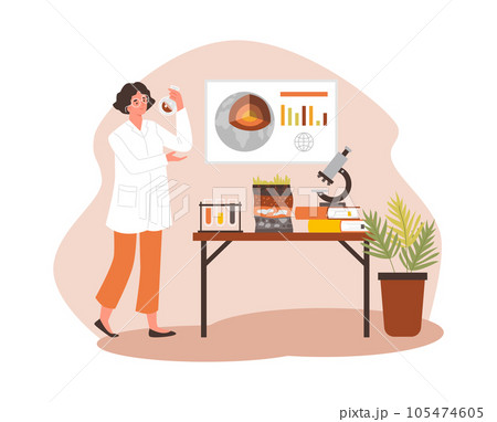 Geologist analyzing soil levels and composition, scientist woman work in laboratory cartoon vector illustration on beige 105474605